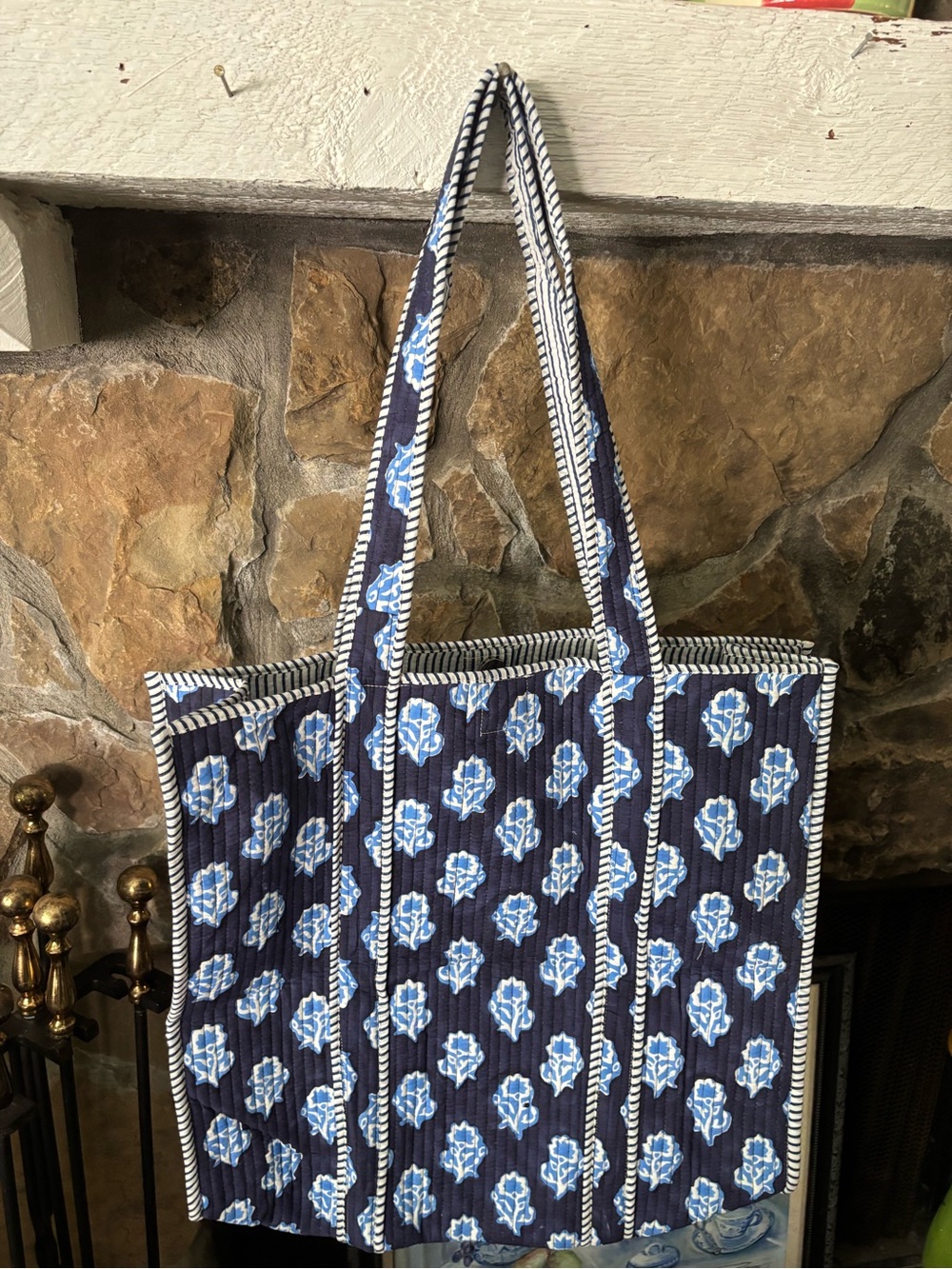 Quilted Floral Extra large Navy Tote Bag - Blue Pattern